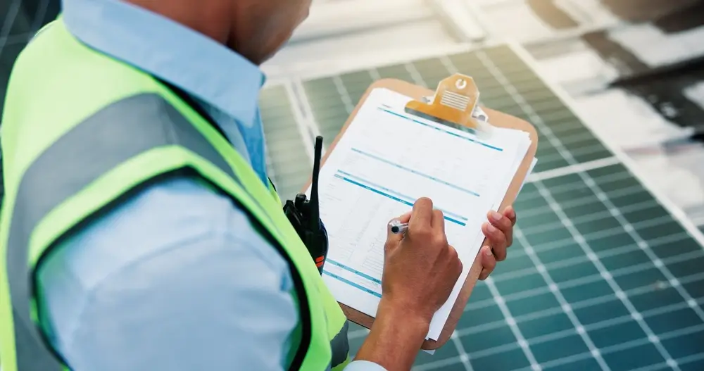 Solar technician performing annual residential solar system inspection in Colorado