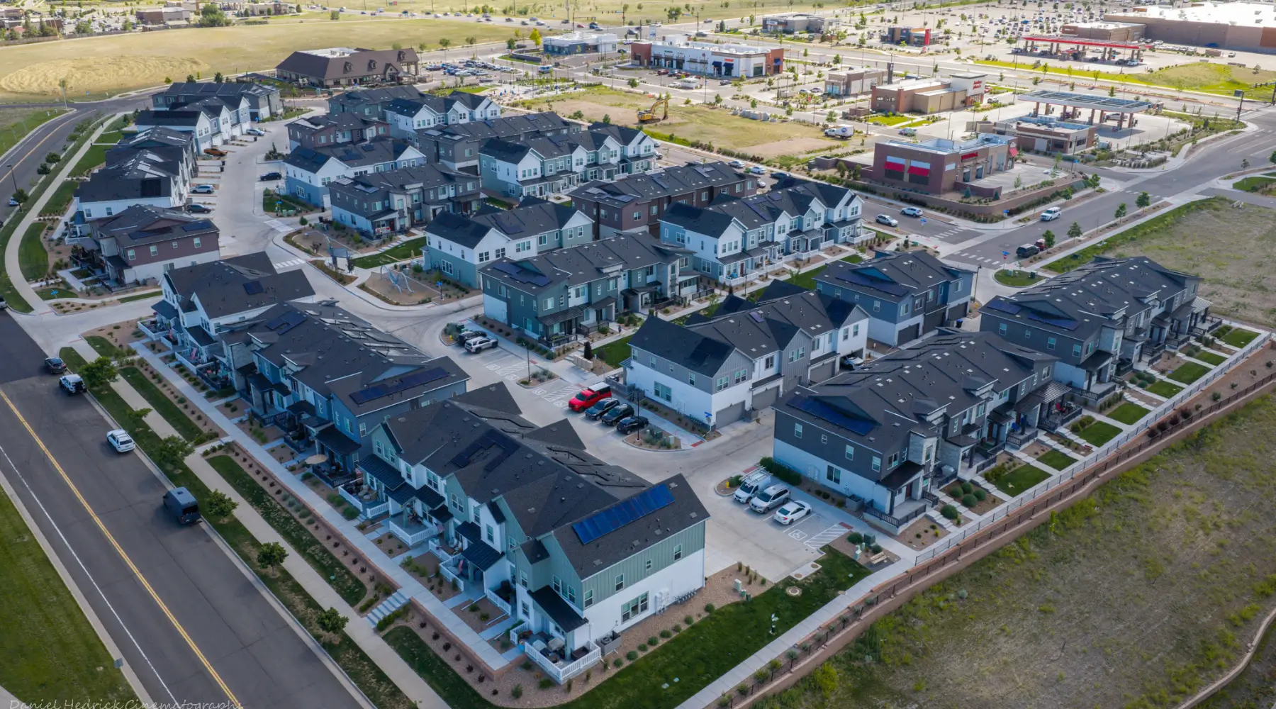 Overhead view of commercial rooftop solar panels at 1671 Altura in Aurora, CO