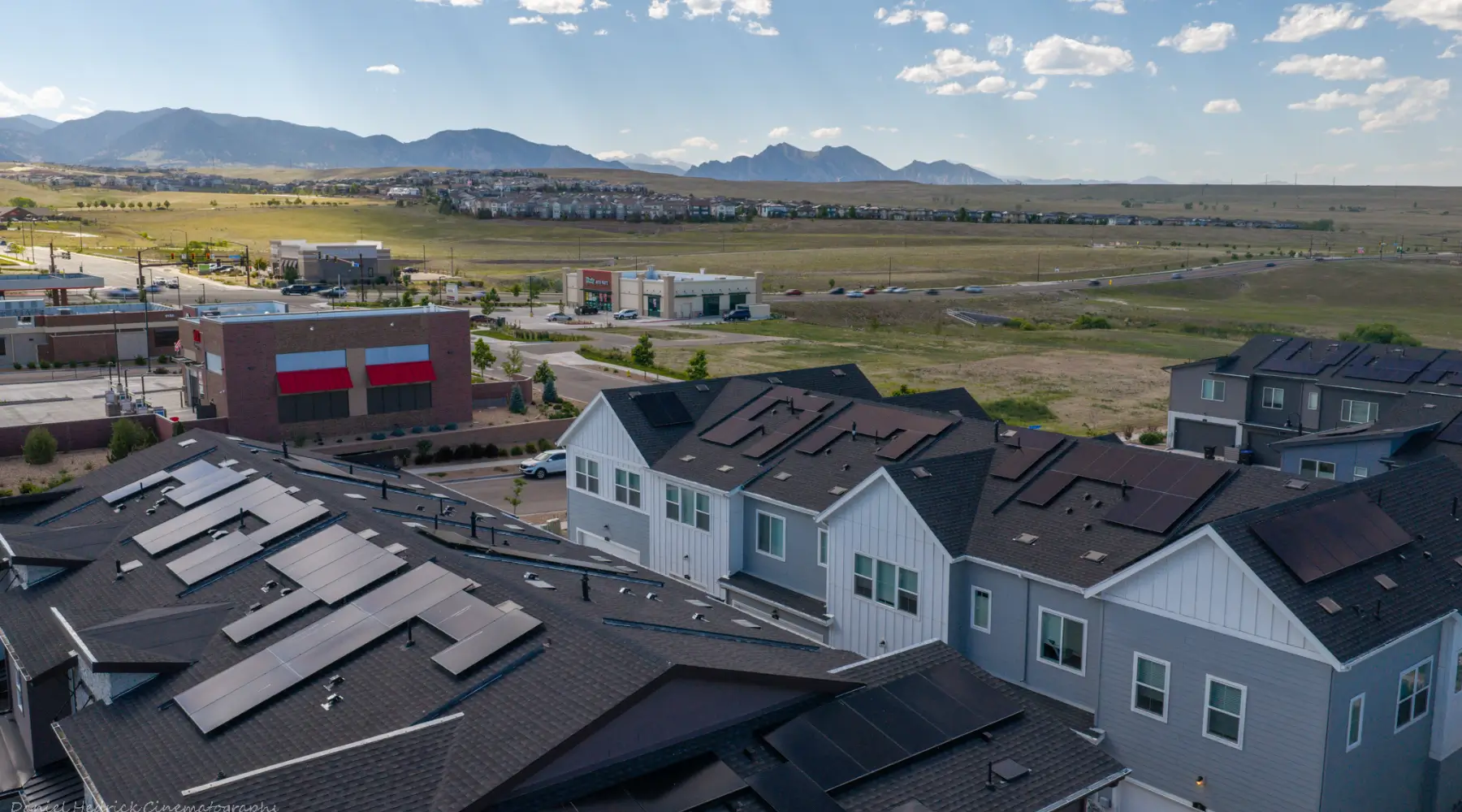Solar panels installed across rooftops at the 1671 Altura property in Aurora