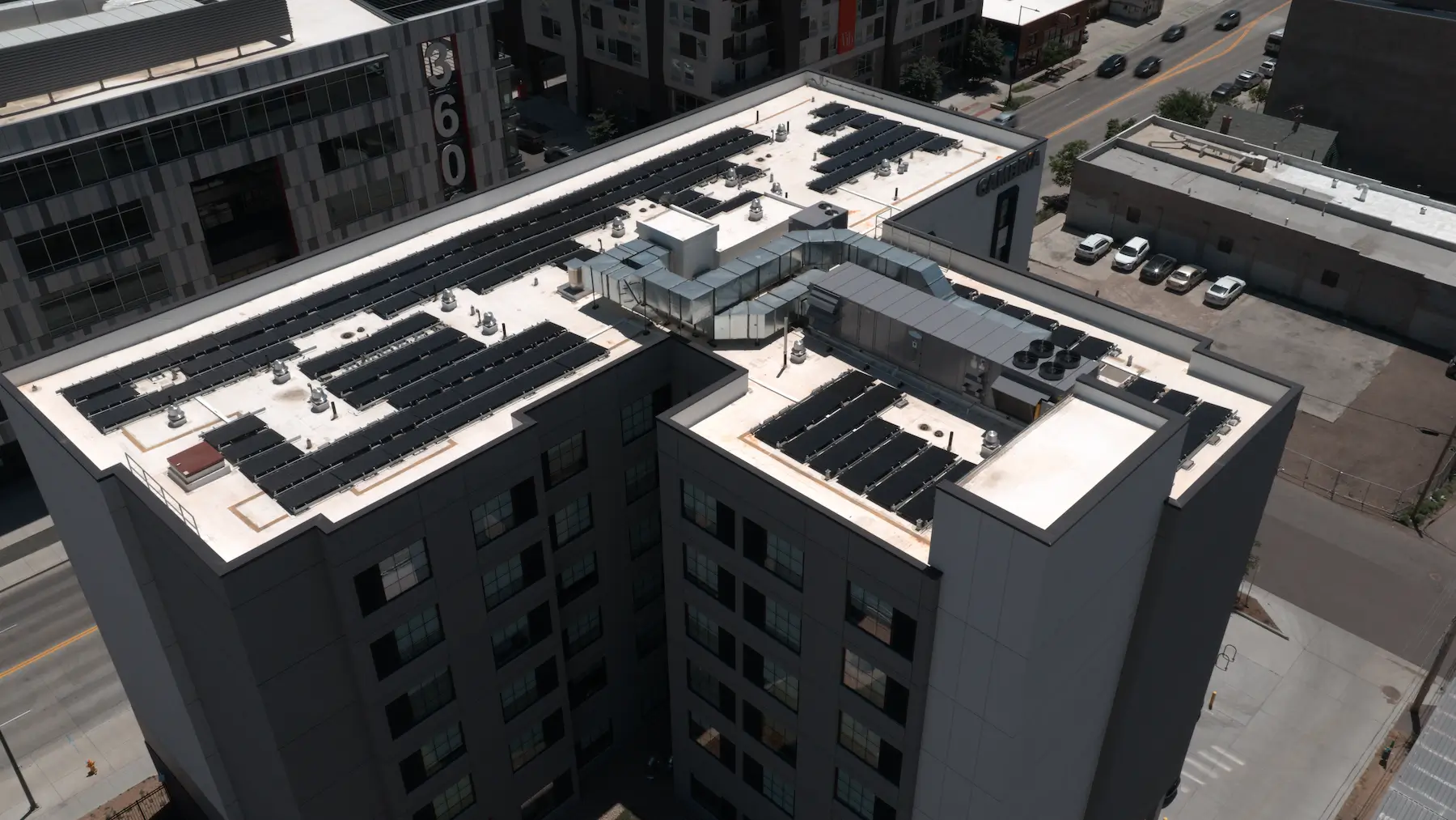 Finished 136-panel commercial solar system at Hotel Cambria in Denver