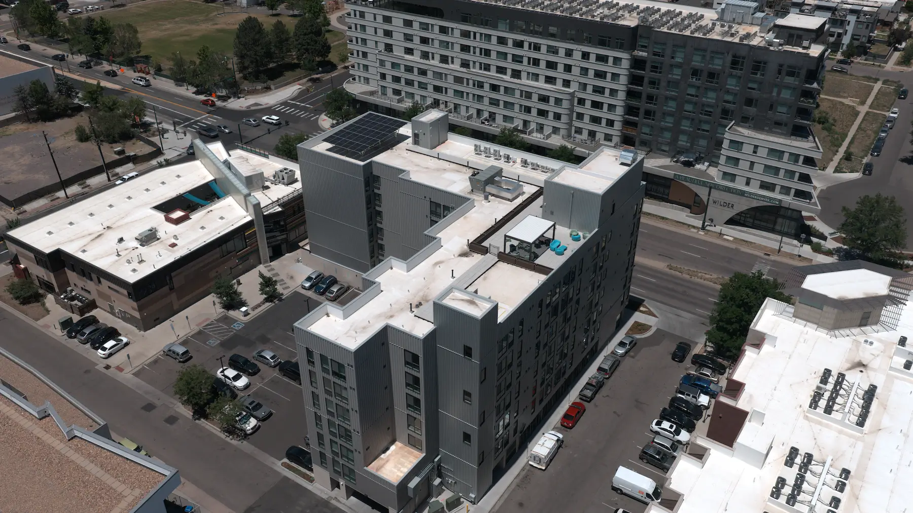 Overhead view of The Irving rooftop solar installation in Denver