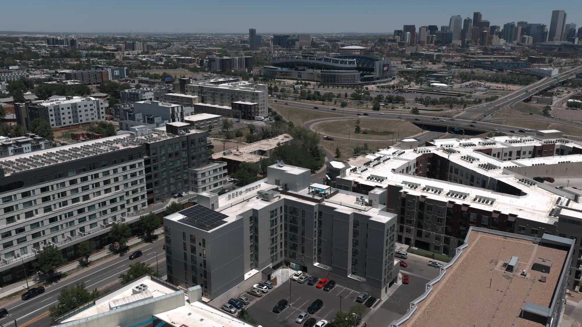Aerial view of The Irving commercial rooftop solar array