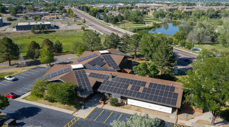 Aerial view of the 10001 Washington commercial rooftop solar project in Thornton, Colorado