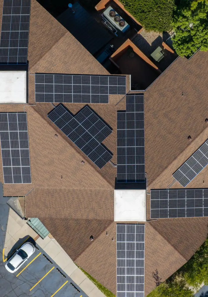 10001 Washington Solar Array Overhead View Overhead drone view of the 151-panel rooftop solar array at 10001 Washington in Thornton