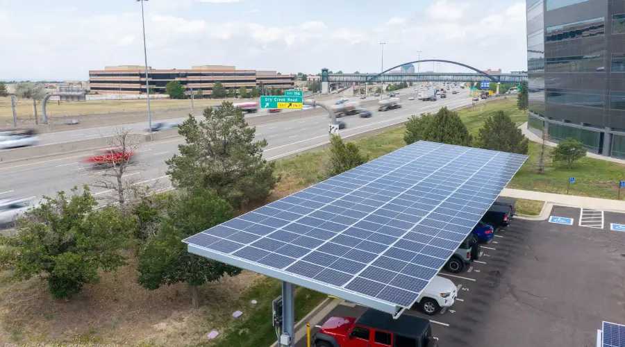 Commercial solar carports installed at 169 Inverness in Englewood, Colorado