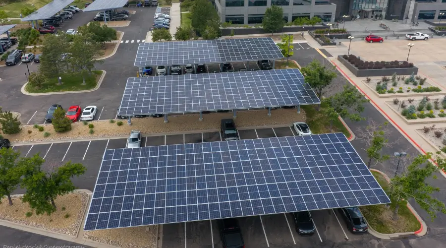 Overhead aerial view of a solar carport array at 169 Inverness in Englewood