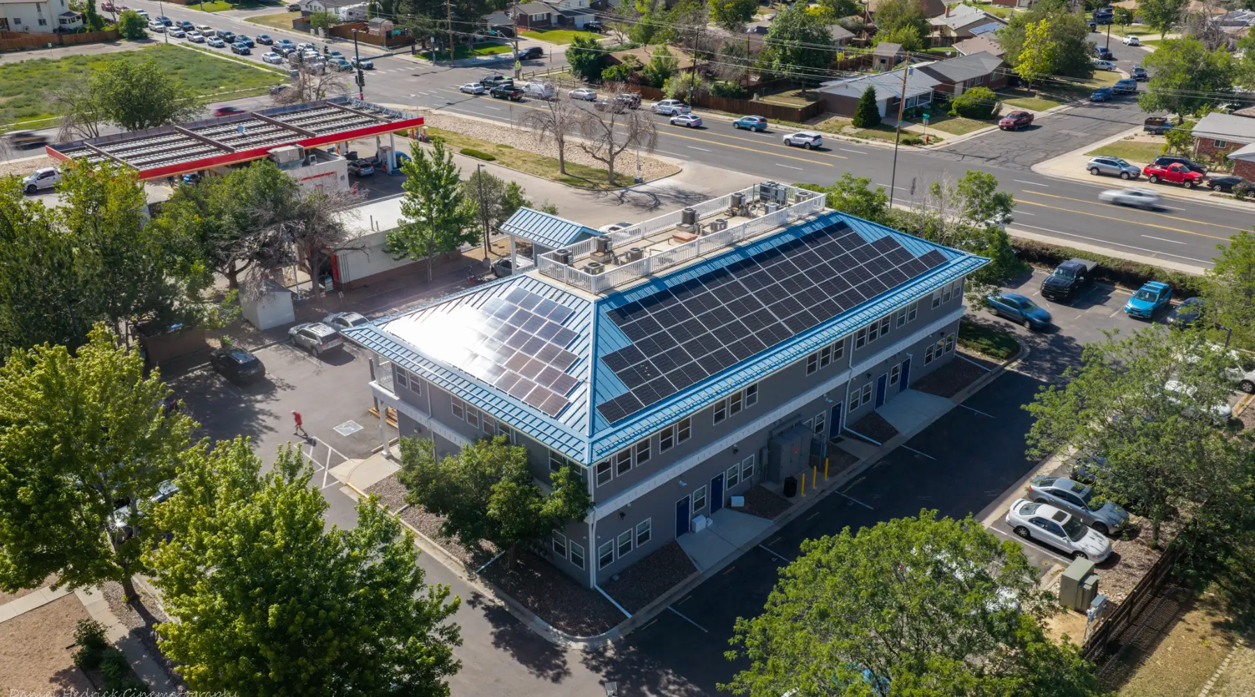 Aerial view of the commercial solar array installed on the Partners In Health building in Westminster