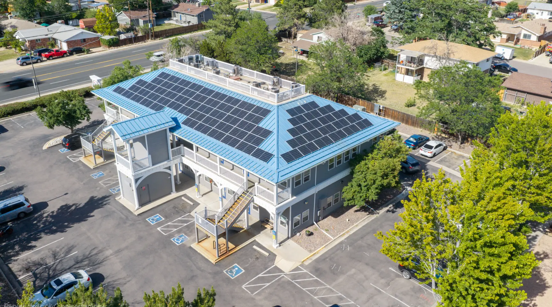 Aerial view of the Partners In Health commercial rooftop solar project in Westminster, CO