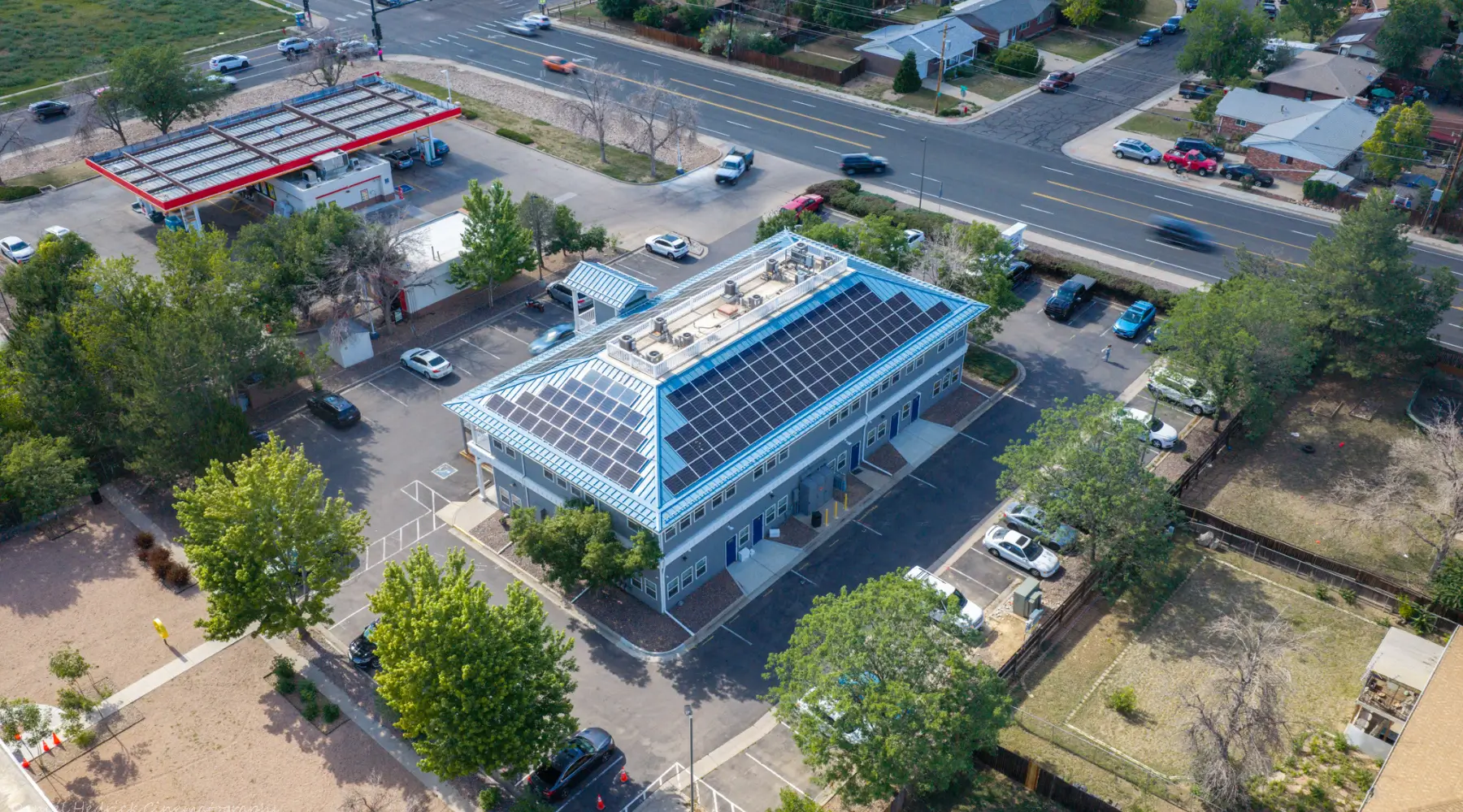 Overhead view of the Partners In Health rooftop solar installation in Westminster, Colorado
