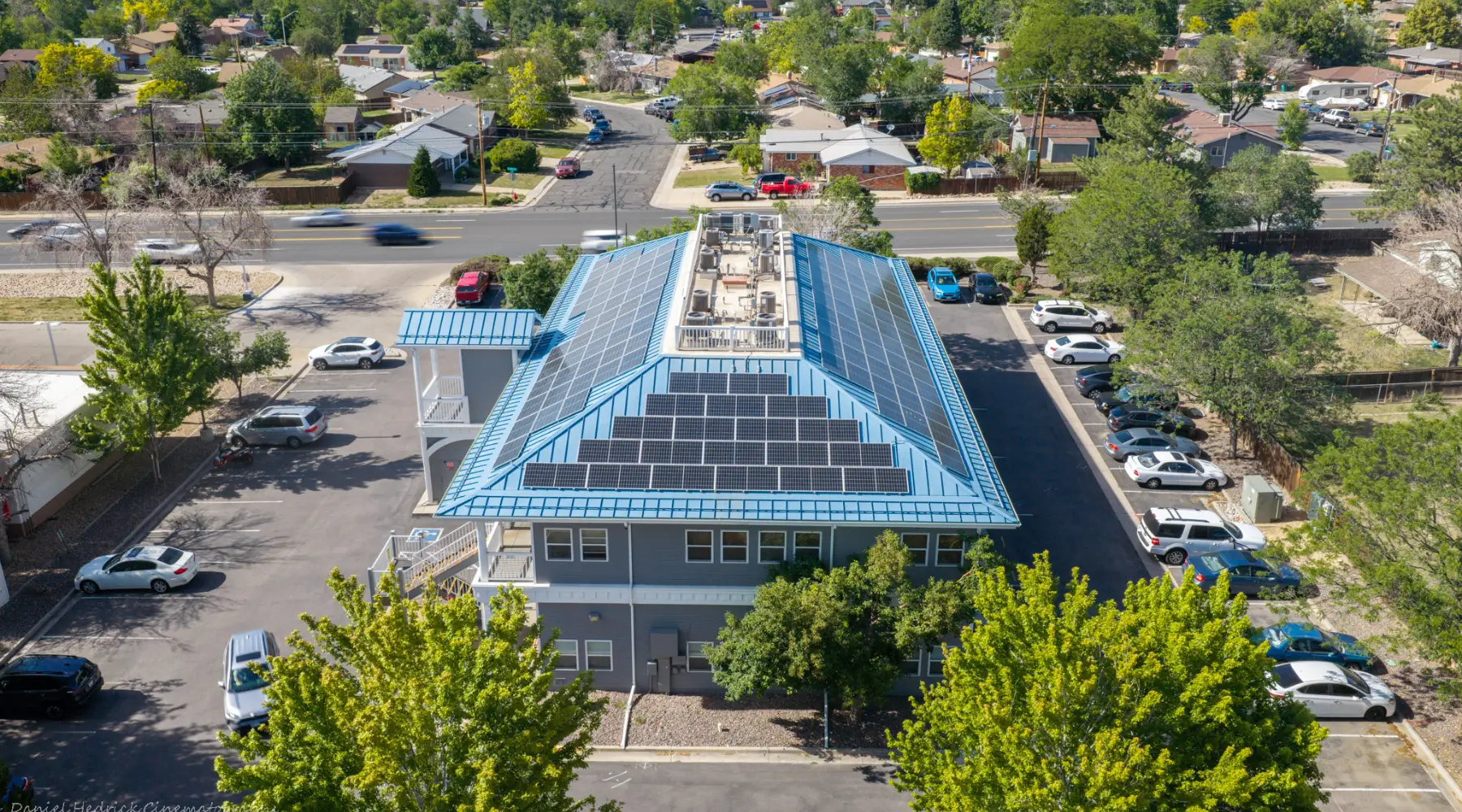 Commercial rooftop solar panels installed at Partners In Health in Westminster, Colorado
