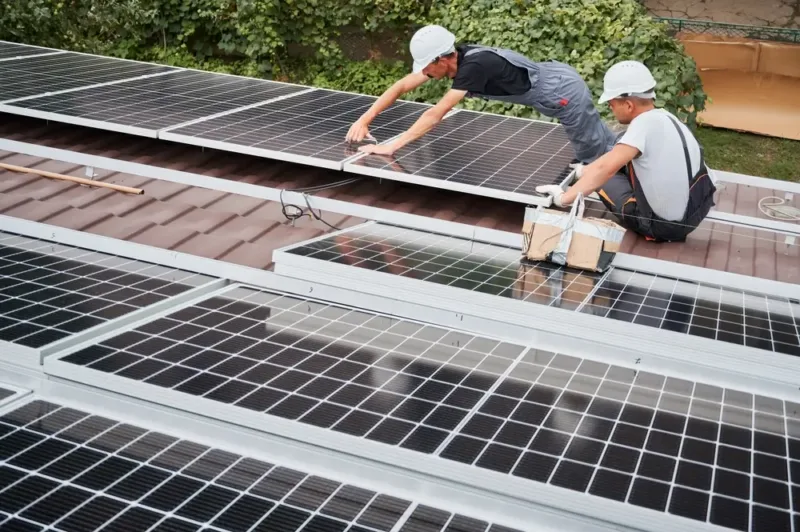 Solar technicians working on rooftop panels during the solar removal and reinstallation process