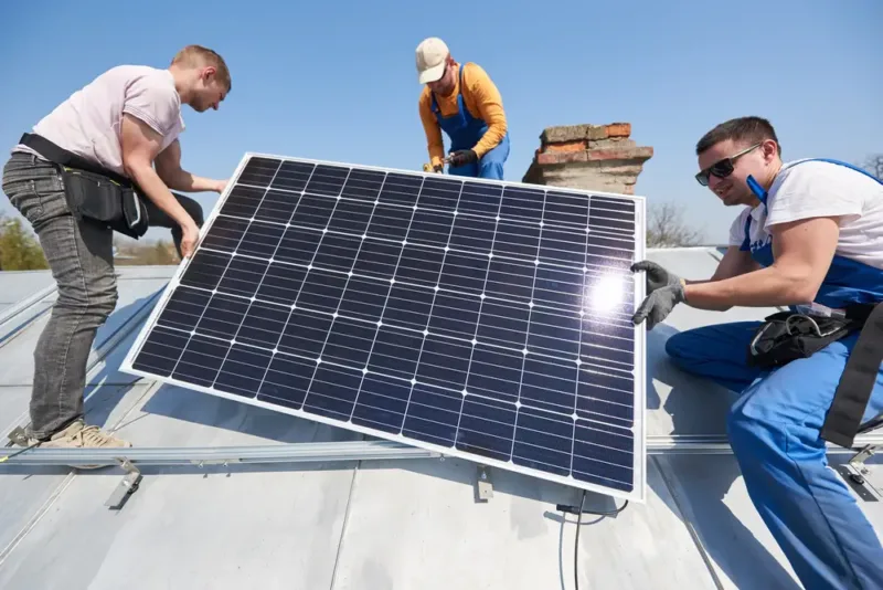 Solar technicians carefully removing a solar panel from a residential roof